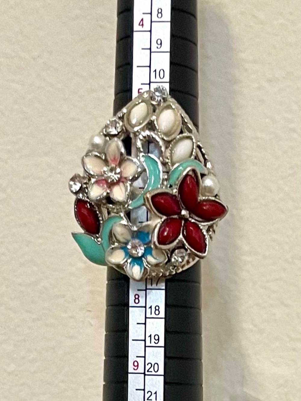 Vintage Floral Multicolor Enamel Pear Shaped Statement Ring Turquoise Red White - Picture 8 of 10